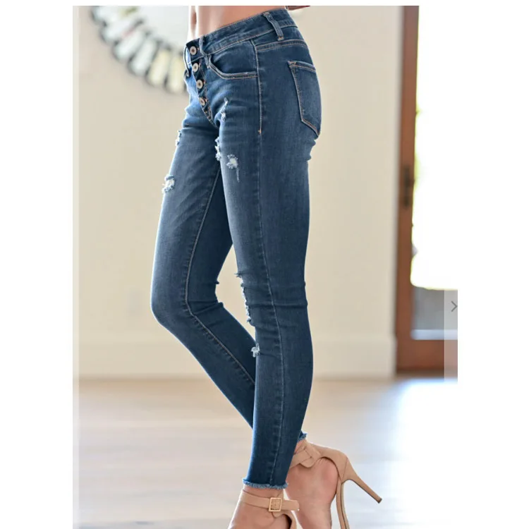

WEPBEL Solid Color Slim Jeans Women's Casual Pocket Jeans Summer Fashion Mid Waist Ripped Button Denim Pencil Pants
