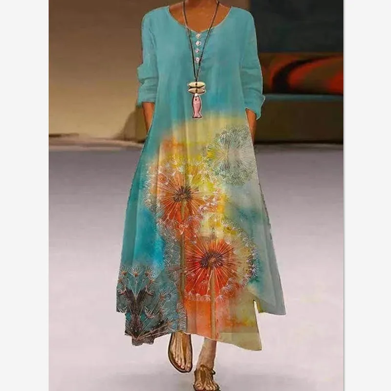 

Women Clothes Spring Summer 2021 Plus Size 5xl Elegant Flowers Print Long Sleeve Vintage Asymmetrical Hem Casual Loose Dress