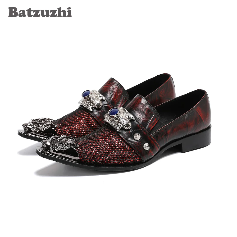 

Batzuzhi British Type Men's Shoes Luxury Handmade Shiny Red Leather Dress Shoes Men Pointed Metal Tip Party and Wedding Shoes!