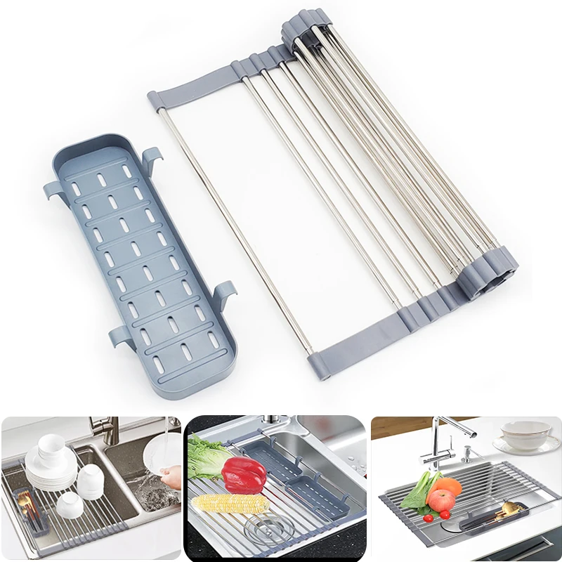 

Stainless Steel Drain Sink Rack Folding Kitchen Water Filter Storage Holder Dish Drainer Dryer Tray Kitchen Organizer Tools