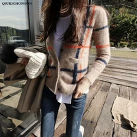 qiukichonson vintage england synthetic mink cashmere sweater women autumn winter warm fluffy button up cropped cardigan plaid