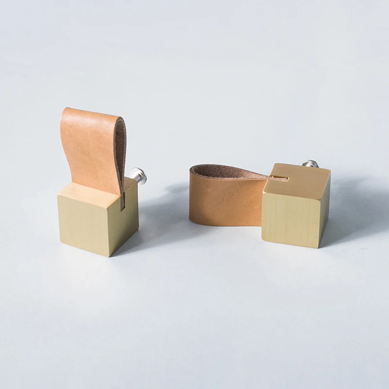 Скандинавская твердая латунь + кожаная ручка и для шкафа/шкафа выдвижного ящика