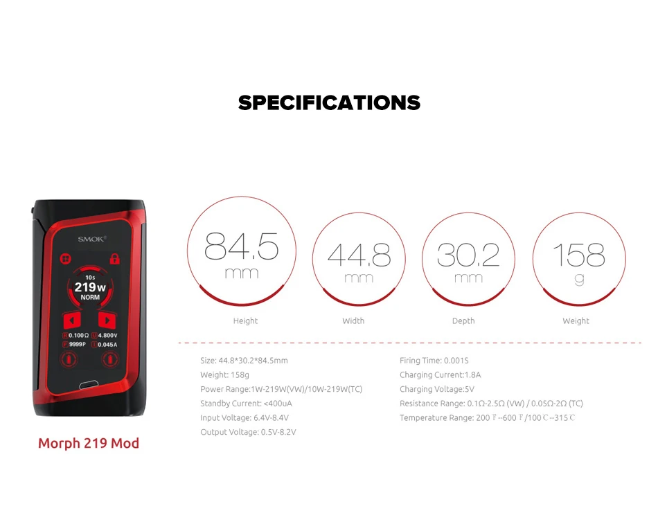 SMOK Morph 219 мод 219 Вт TC бокс мод 0,001 s Скорость Стрельбы большой экран SMOK мод подходит 9 мл SMOK TFV16 танк