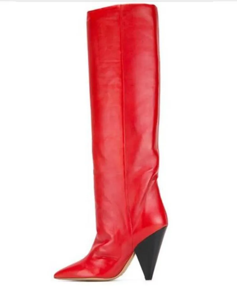 

Женские кожаные сапоги до колена, с острым носком, на коническом каблуке, однотонные непромокаемые сапоги, 2019