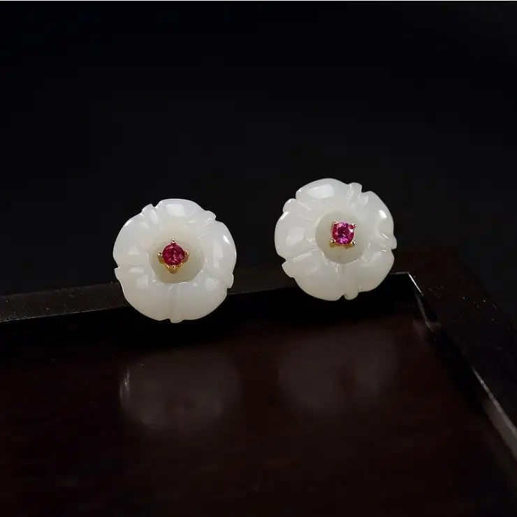 

Original design natural Hetian white jade plum earrings small, exquisite, light and luxurious charm women's brand silver jewelry
