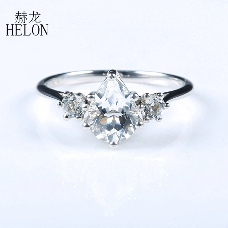 

HELON Sterling Silver 925 Certified Pear 6x8mm 100% Genuine Natural White topaz Engagement Wedding Ring Setting Women Jewelry