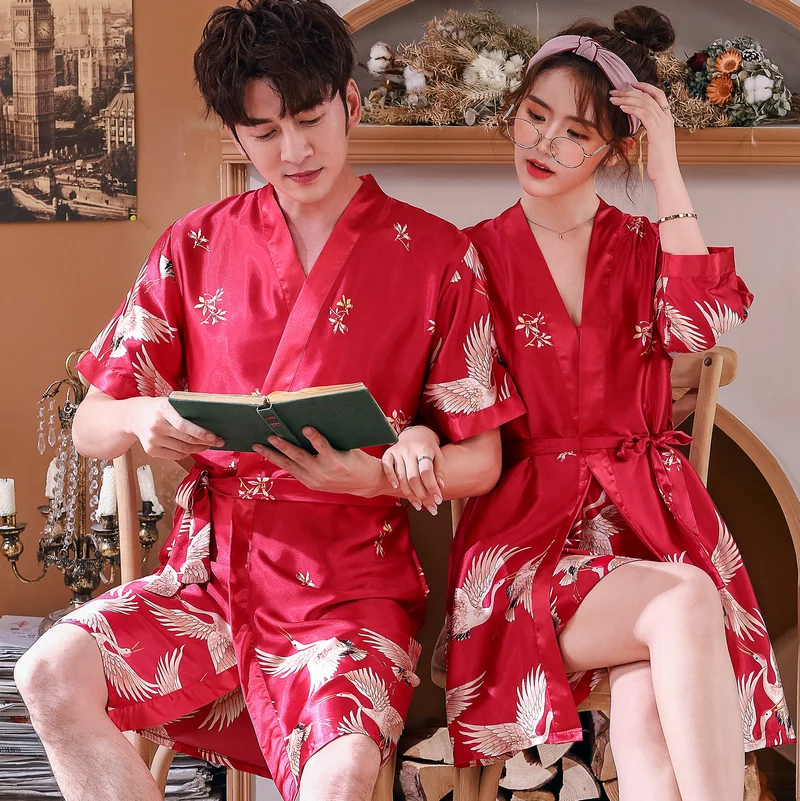 Men Summer Satin Silk Print Bathrobe Mens Luxury Kimono Bath Robe Women Sexy Robes Male Wedding Dressing Gown Hotel Honeymoon
