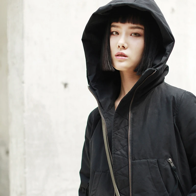 Женское пальто с капюшоном EAM черное Свободное длинное хлопковой подкладкой и