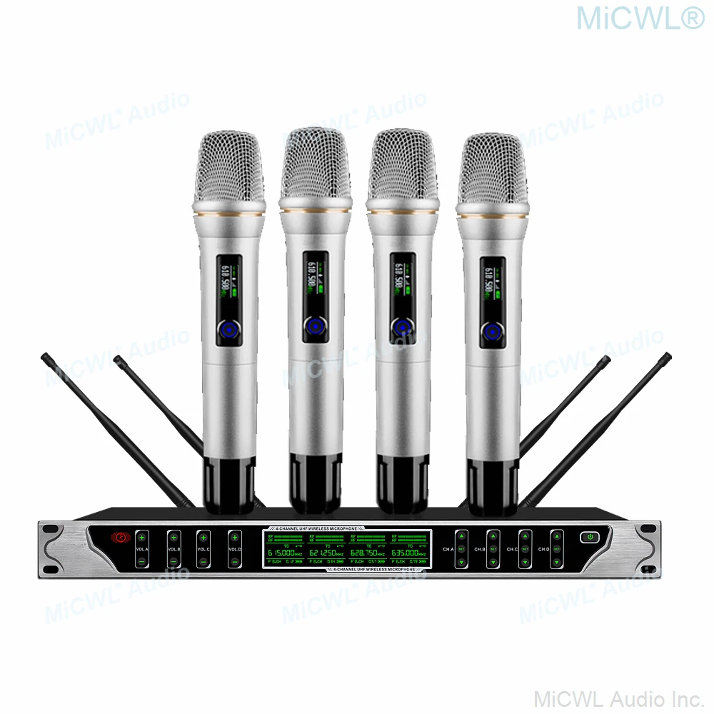 구매 MiCWL-UHF 4 마이크 채널 디지털 무선 마이크, 마이크로폰, 최고 무대 공연 가라오케 시스템, 실버 블랙 핸드 헬드 세트