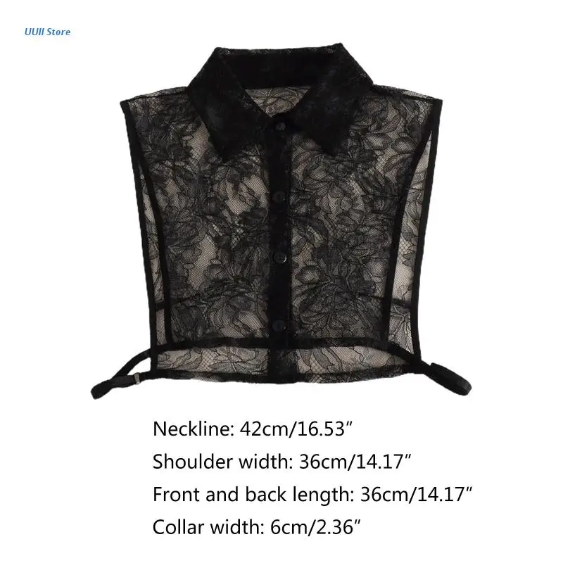 

Women Winter Decorative False Fake Collar Sheer Hollow Out Floral Lace Detachable Half Shirt Blouse Lapel Button Dickey