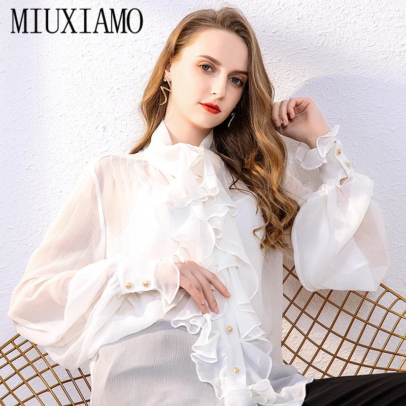 MIUXIMAO 2020 Summer 100% Silk White Shirt Blouse Newest Casual Style Full Sleeve Elegant Blouse Women Ruffle Blouse