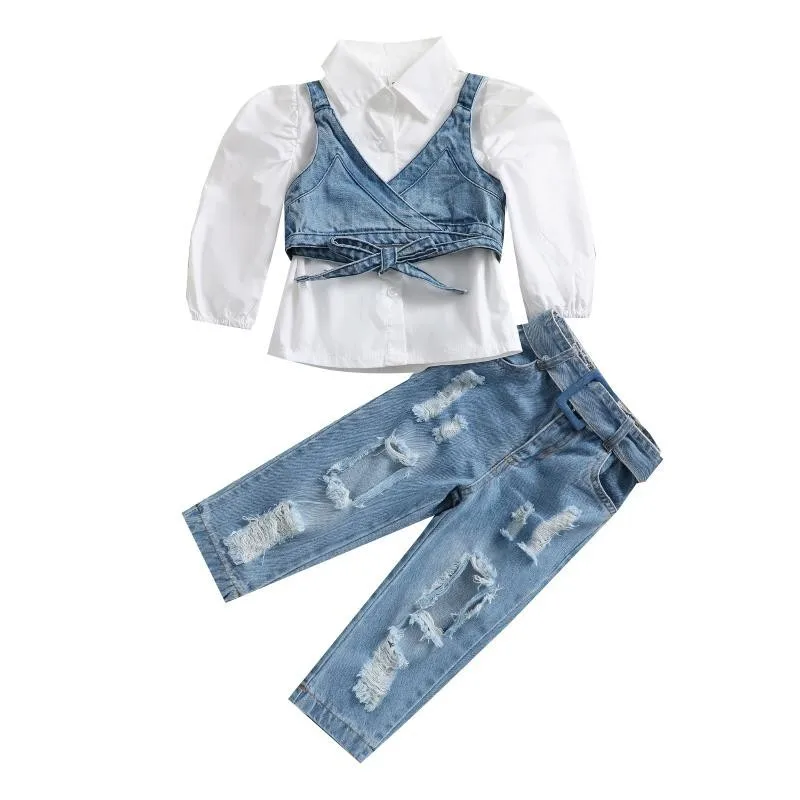 

1-6Y Fashion Children Kids Girls Spring Clothes Sets 3pcs Solid Color Long Sleeve Shirt Tops+Denim Vest+Jeans Pants