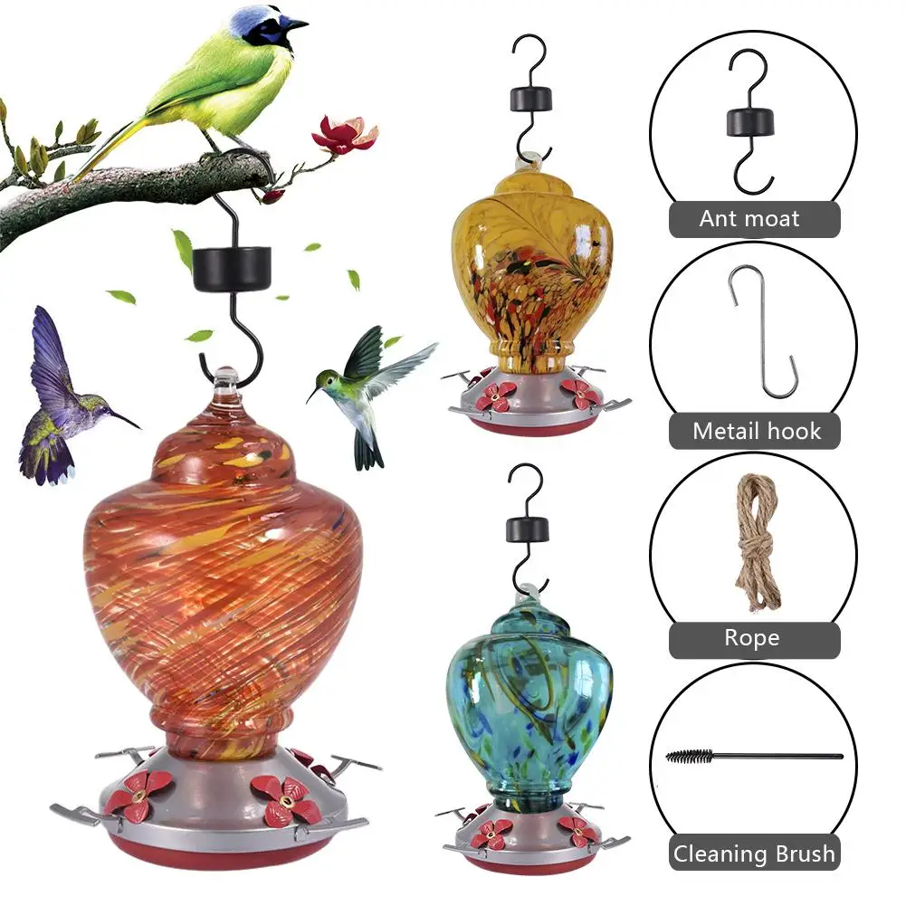 

Hummingbird Feeder Beautiful Pattern Glass Hummingbird Feeder Hand Blown Garden Decoration Glass Hummingbird Feeder Bird Feeding