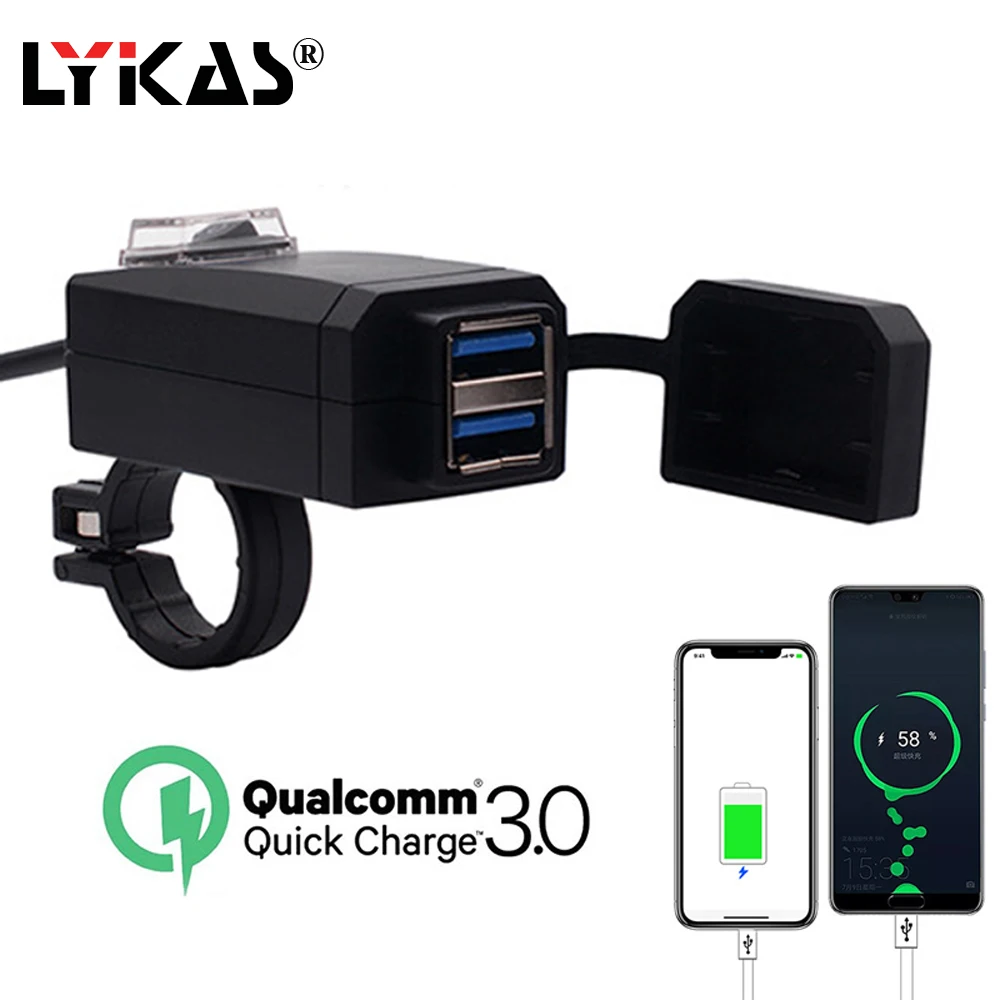 Зарядное устройство LYKAS с двумя USB портами для мотоцикла водонепроницаемое