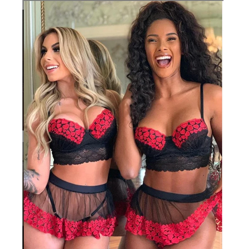 

Женский кружевной сетчатый топ без рукавов, с принтом в виде сердца персикового цвета, эротический комплект сексуального белья, мини-юбка, к...