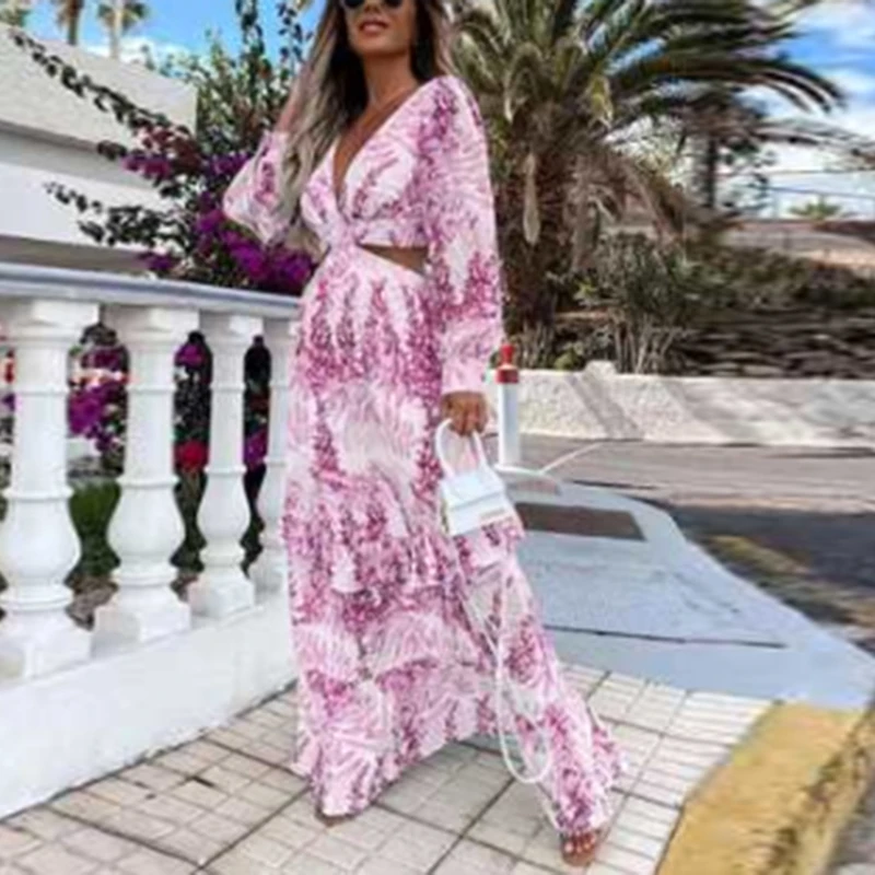 

Women Sexy Deep V Hollow Out Boho Party Dress Elegant Long Sleeve Boho Maxi Dress Fashion Print Ruffle Loose Beach Long Dresses