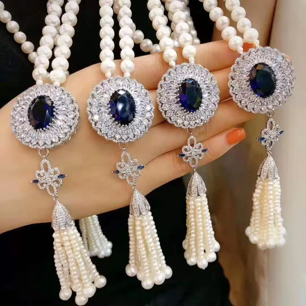 

Women's jewelry 8-9mm 70+15cm micro inlaid zircon accessories white freshwater pearl necklace tassel long sweater chain