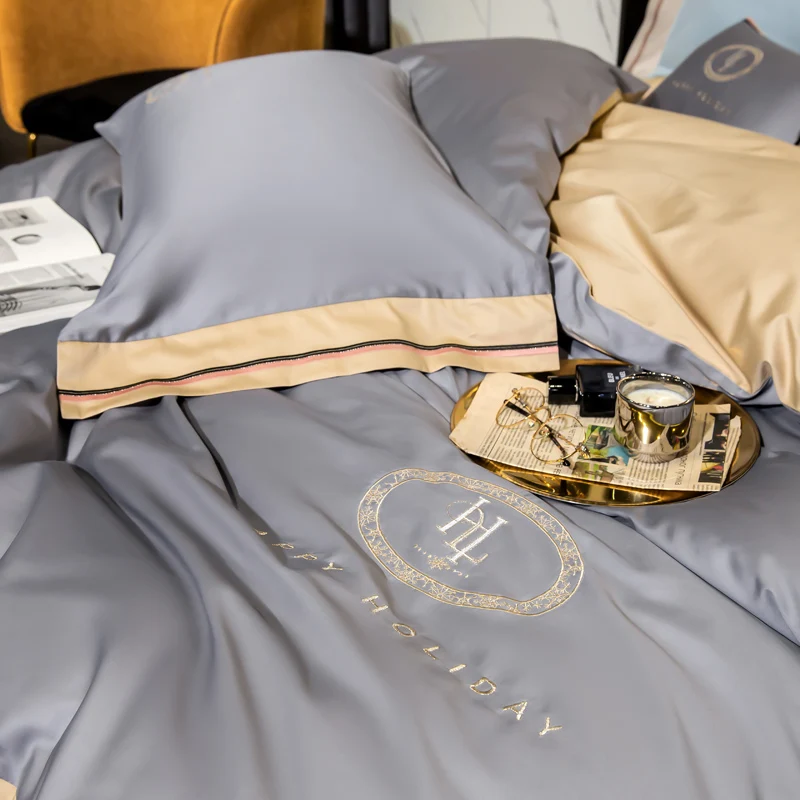

Color Blocking embroidery Skin Friendly fa Bedding Set Duvet Cover Pillowcase Flat Fitted Bed Linen Sheet Cover Queen King Size