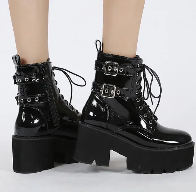 

New Punk Motorcycle Boots Black Patent Leather Martin Boots Female Round Head Belt Buckle Thick-soled Ankle Boots Platform Boots