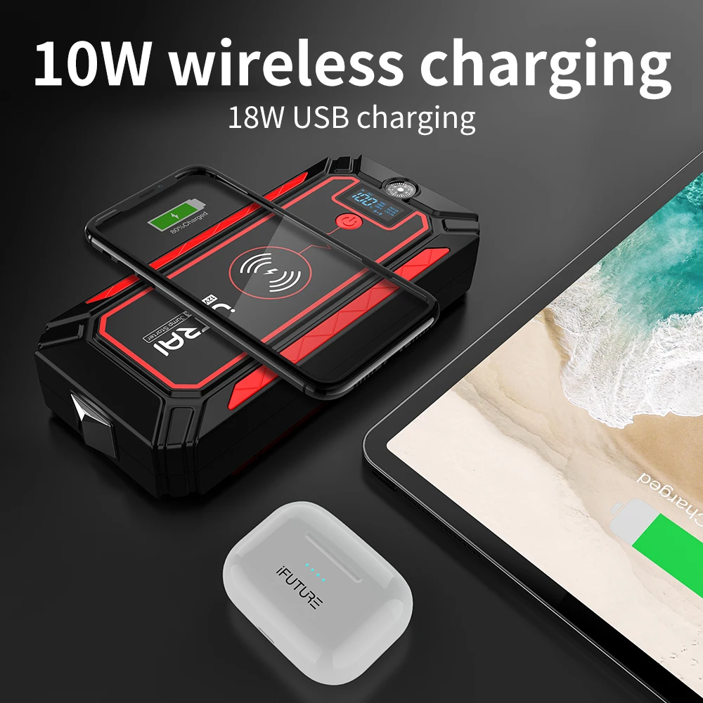 utrai 2500a jump starter 24000mah power bank 10w wireless charger safety hammer 12v emergency starter auto car booster battery free global shipping