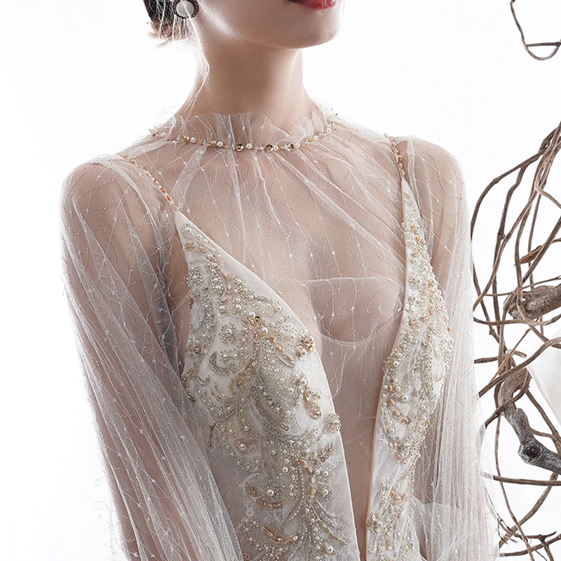 

LDR23 Simple Light French Wedding Dress 201 New Bridal Minimalist Long Sleeve Strap Transparent Lace V-neck Women's Beaded Dress