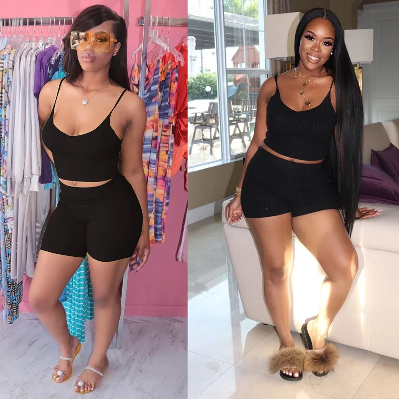 

2021 Summer Fashion Women's Street Style Knit Shorts Set Adjustable Sexy Halter Top Youth Hot Pants Solid Color Women's Suit