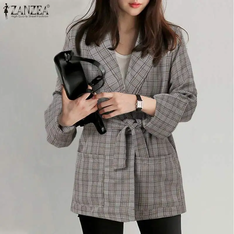 

Элегантный осенний клетчатый Блейзер ZANZEA, женское повседневное пальто с длинным рукавом и отложным воротником, куртка в клетку с принтом, ж...