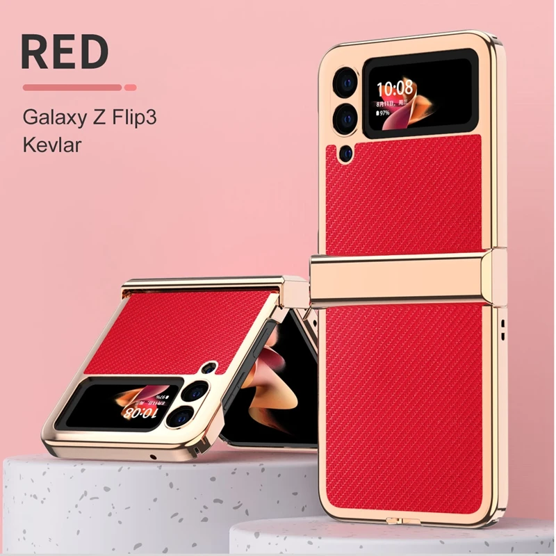 

Plating Hinge Full Protection 3 in 1 Case for Samsung Galaxy Z Flip 3 5G Leather Texture Phone Cover Hard Shockproof Cover Case