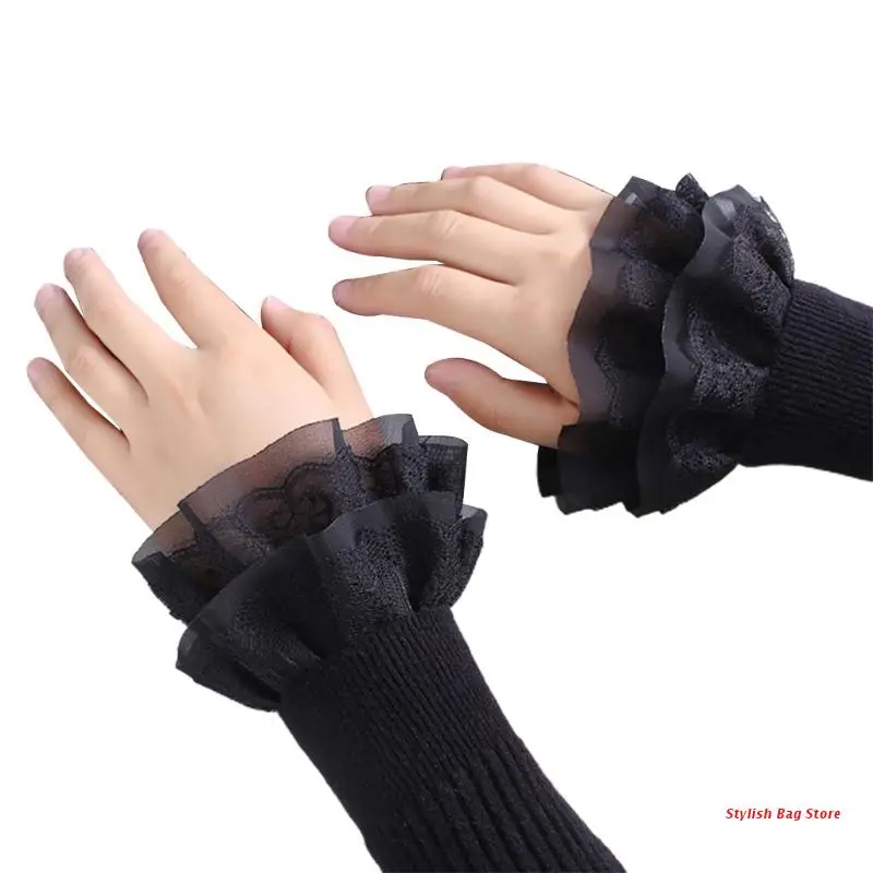 

Women Sweet Fake Sleeves Double Layer Ruffles Lace Flared Cuffs Wrist Warmers