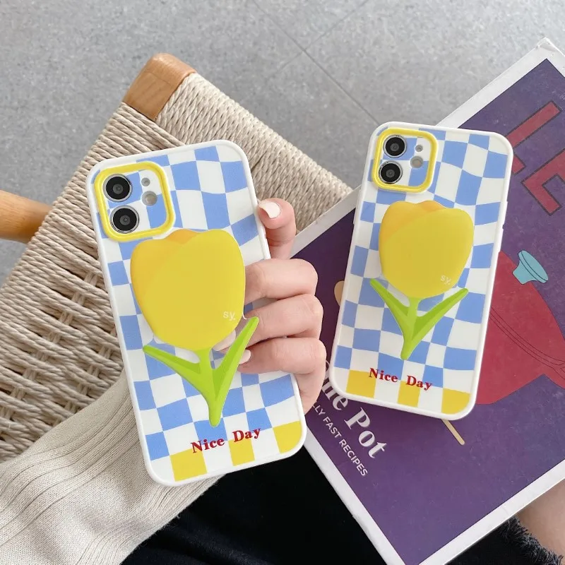 

Blue Trellis Design Phone Case For iPhone 11 12 Pro Xs Max X Xr 7 8 Plus Case With Tulips Foldable Phone Stand Finger Holder New