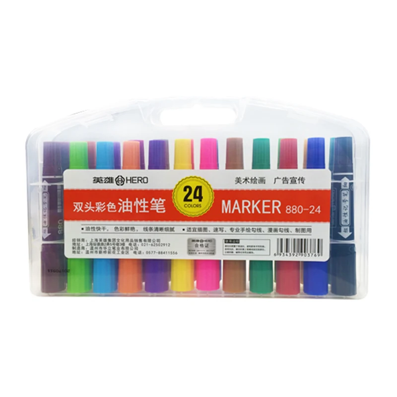 Hero Colored Double Heads Oily Marker Pens 12/24 Colors Paint Marker Graffti Oily Marker CD Metal Macador Caneta Stationery 880