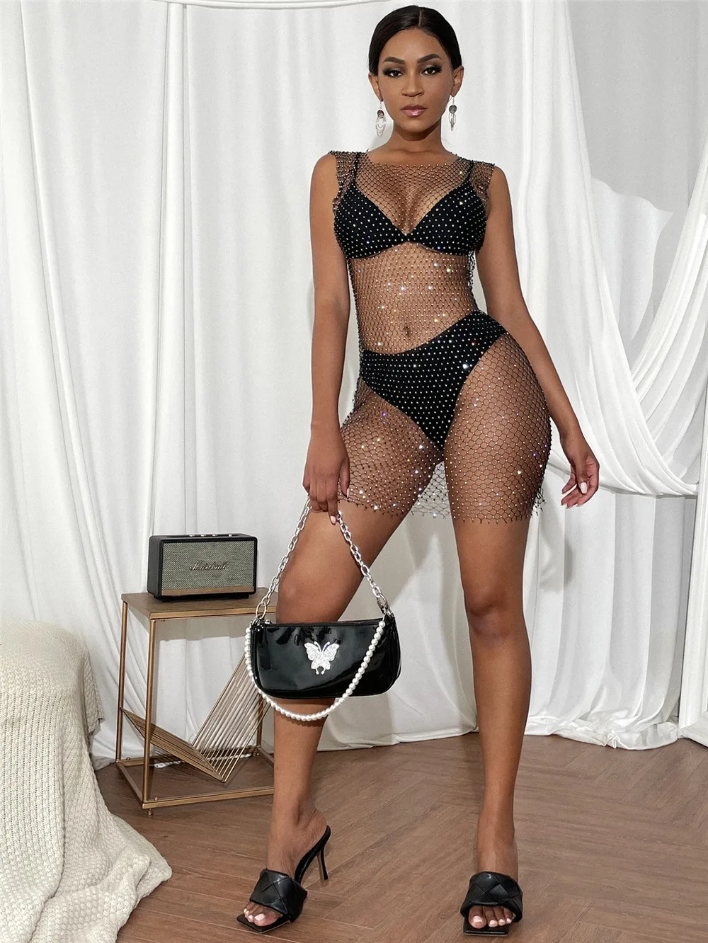 

Women Sexy See-through Beach Swimwears Black Round Collar Sleeveless One-piece jumper 2021 Summer Sexy Tight Cover-Ups XS-L