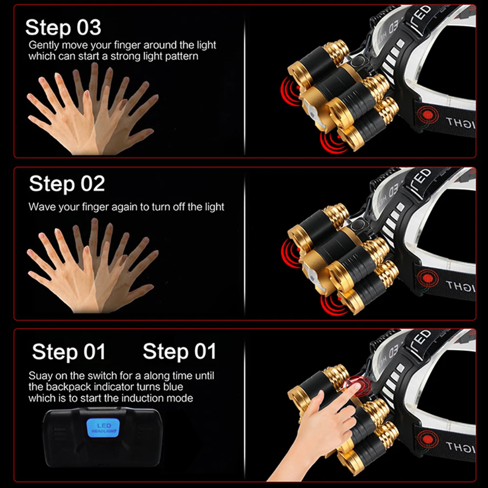 Мощсветильник светодиодный налобный фонарь 5200 мАч с ИК-датчиком для рыбалки одов