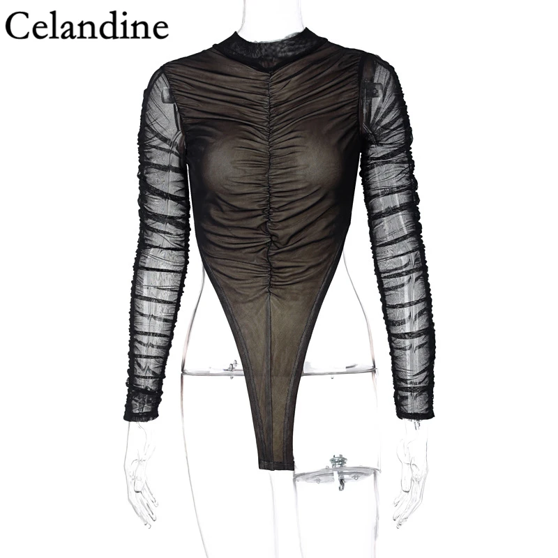 

Celandine Sexy Long Sleeve O Neck Skinny Bodysuit Women Mesh Transparent Casual Bodysuits Black Ruched Body Tops Spring 2021