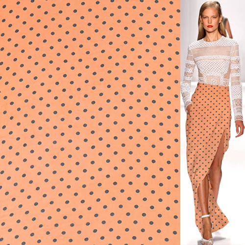 Черный Принт в горошек на оранжевой шелковой чистой марлевой ткани жоржет SCG512 |