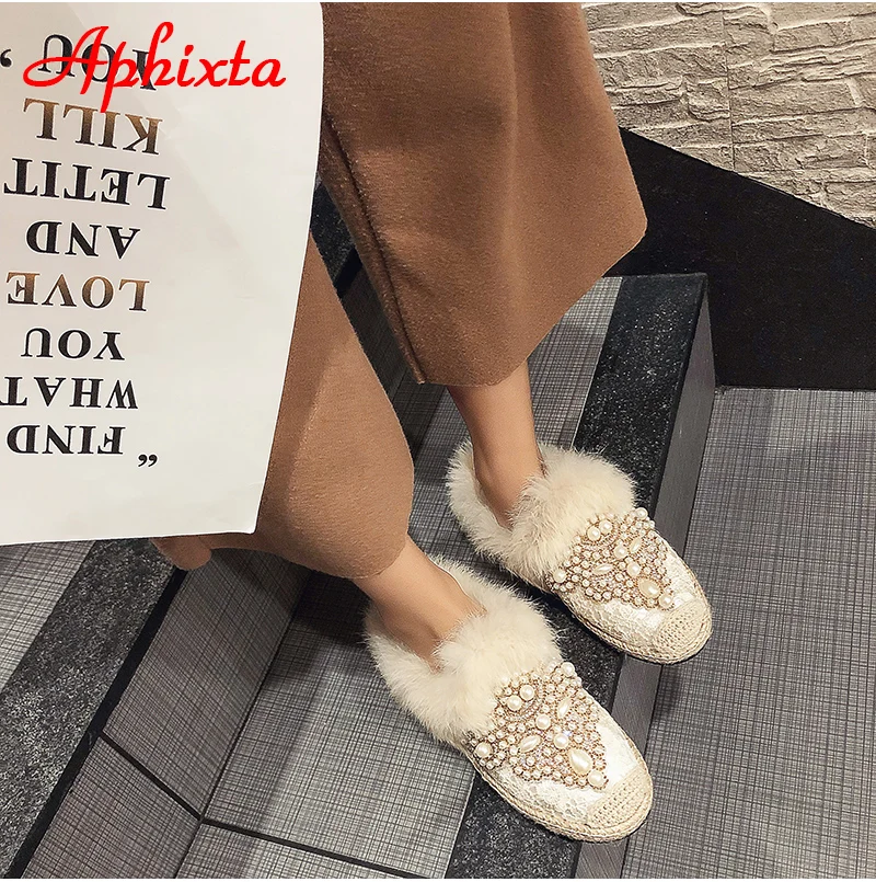 Aphixta зимние теплые тапочки с натуральным мехом; женская обувь на шнуровке с жемчугом и кристаллами; шикарная плюшевая женская обувь с натуральным кроличьим мехом