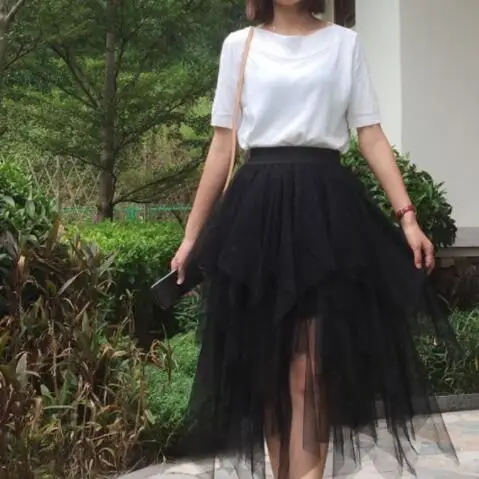 Chiffon 2019 Women's Skirt Mesh Solid Color Bouffant Puffy Skirts Irregular Sexy Saia Pleated Black Jupe Longue DV692 | Женская