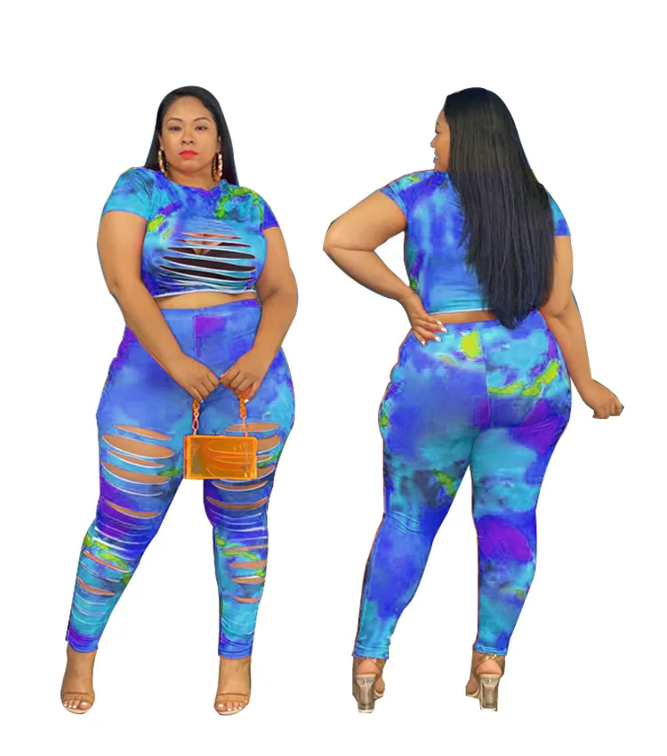 

Tie-dye Printing Women Plus Size Sexy Clubwear Two Piece Sets 2021 Summer High Stretch Pencil Pants O-neck Short Tees Outfits