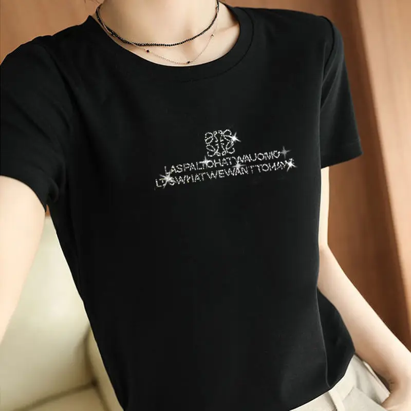 

Cotton T-shirt Women's Diamond Inlaid Short Sleeve Summer New Casual Round Neck Black and White Top