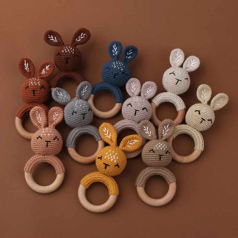 

1pc Wooden Crochet Bunny Rattle Toy BPA Free Wood Ring Baby Teether Rodent Baby Gym Mobile Rattles Newborn Educational Toys