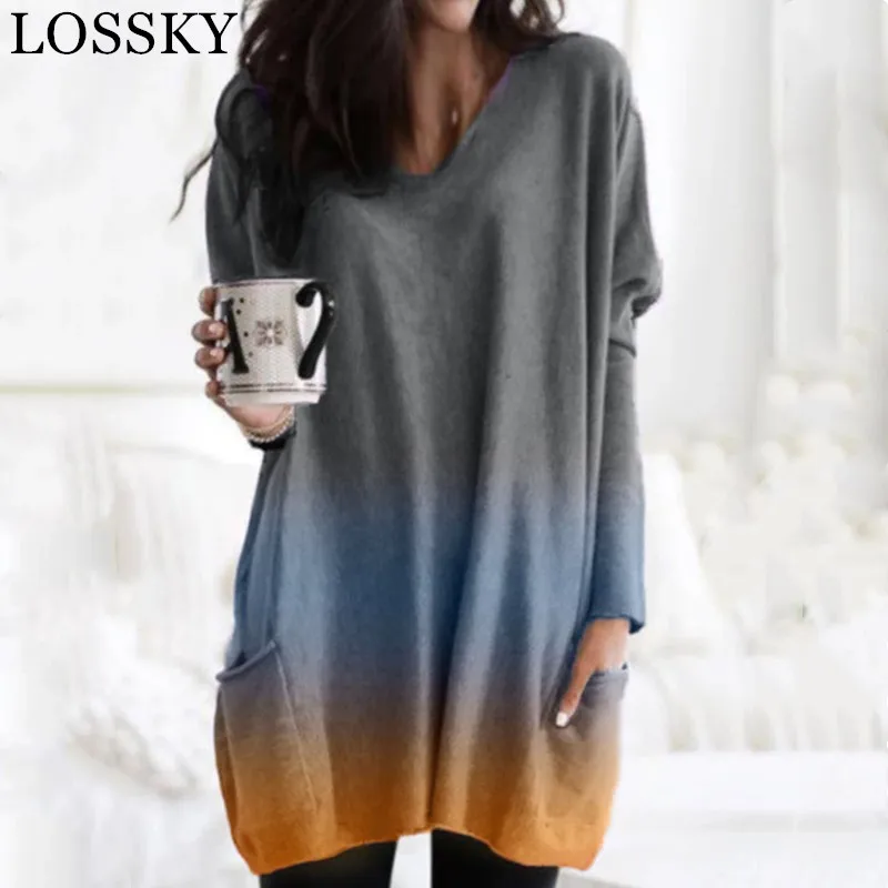 

2019 Autumn Winter Gradient Color Women's T-shirt Casual Loose V Neck Pocket Korean Female Harajuku T Shirt Women Basic Top Tees