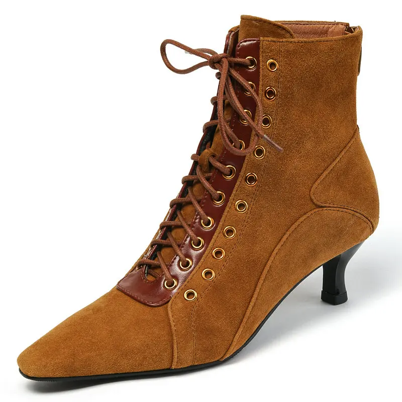 

Genuine leather Lace Up Women Boots poined Toe high Heels Boots For Women Vintage Classic Design Working Casual Shoes Woman