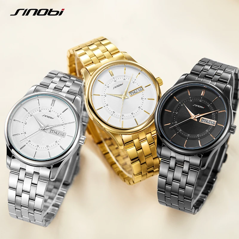 SINOBI 2021 Fashion Luxury Couple Watches Lovers Goldren Black Women Watches Waterproof Men's Watches Lover relogios masculinos
