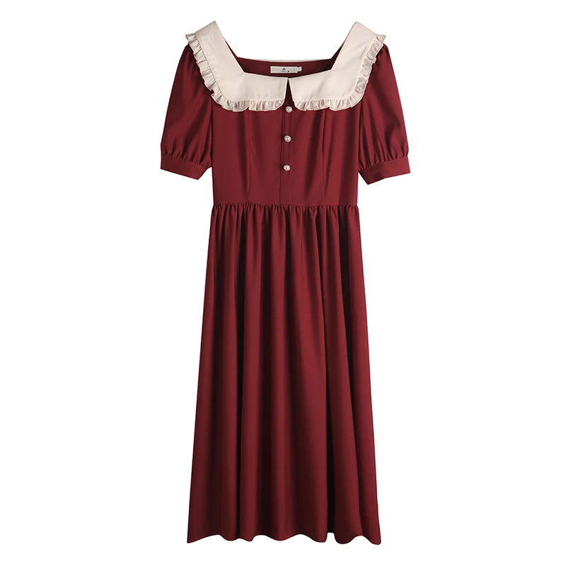 

2 Colors Summer Vintage Solid Dress Sweet Mori Girl Style Short Sleeve Square Collar Large Size Women Dresses Vestido Negro