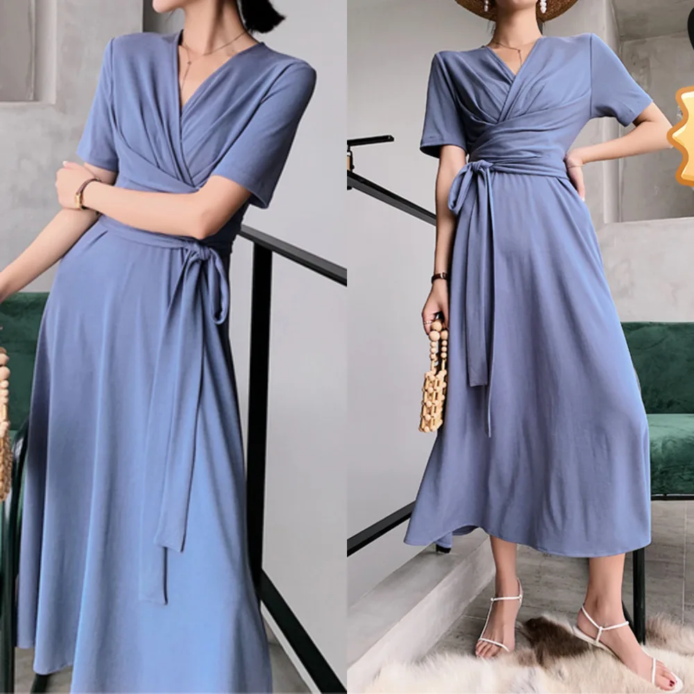 

Blue Fashion Women Dress Casual Soild Dress Elegant Wrap Half Dresses Ladies Vestidos Good quality