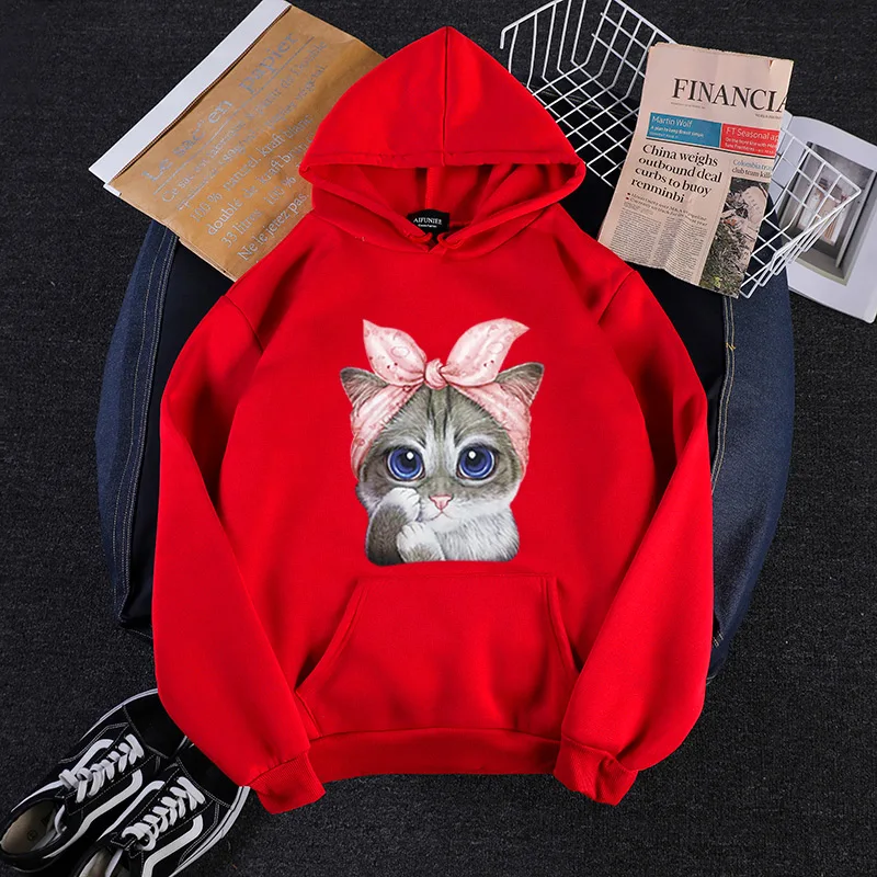 

New Candy Colors Loose Casual Harajuku Style Sweatshirt Kawaii Cartoons Cat Print Pattern Fleece Japan Korean Women Hoodies