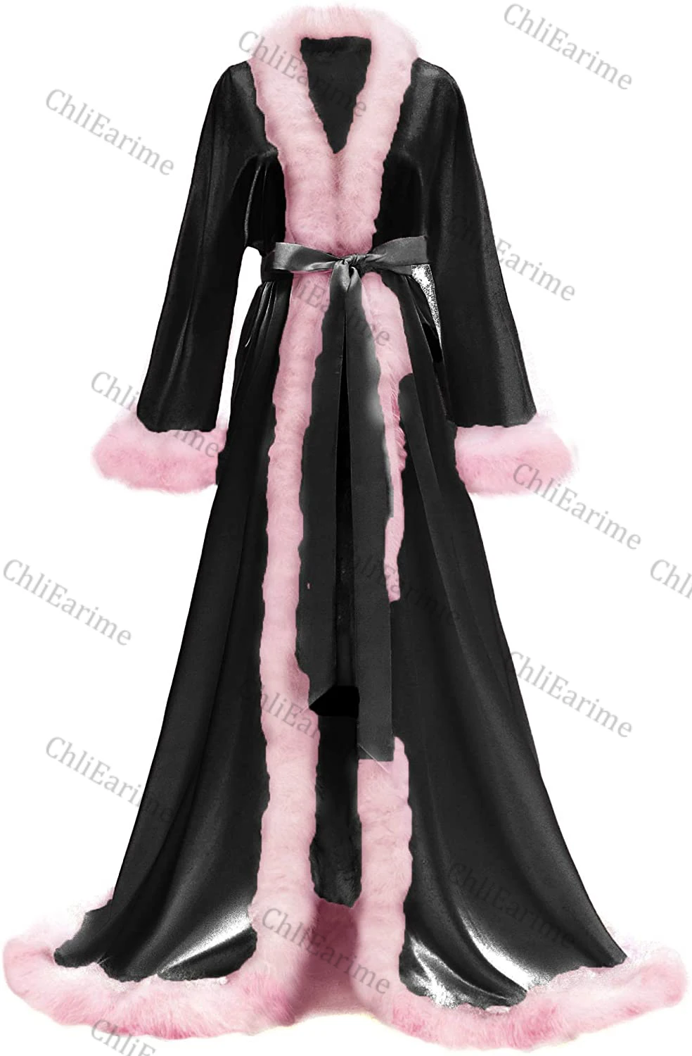 Womens Feather Bridal Robe Luxury Fur Trim Silk Satin Lingerie Dressing Gown Nightgown Long Wedding Scarf images - 6