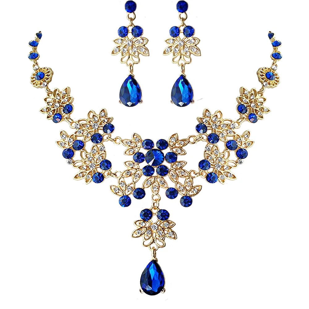 2Pcs Blue Set Барокко Винтаж золото Красный Зеленый Синий Кристалл Свадебные Ювелирные наборы ожерелье серьги корона с гребнем африканские бусы Ювелирные наборы - Окраска металла: 2Pcs Blue Set