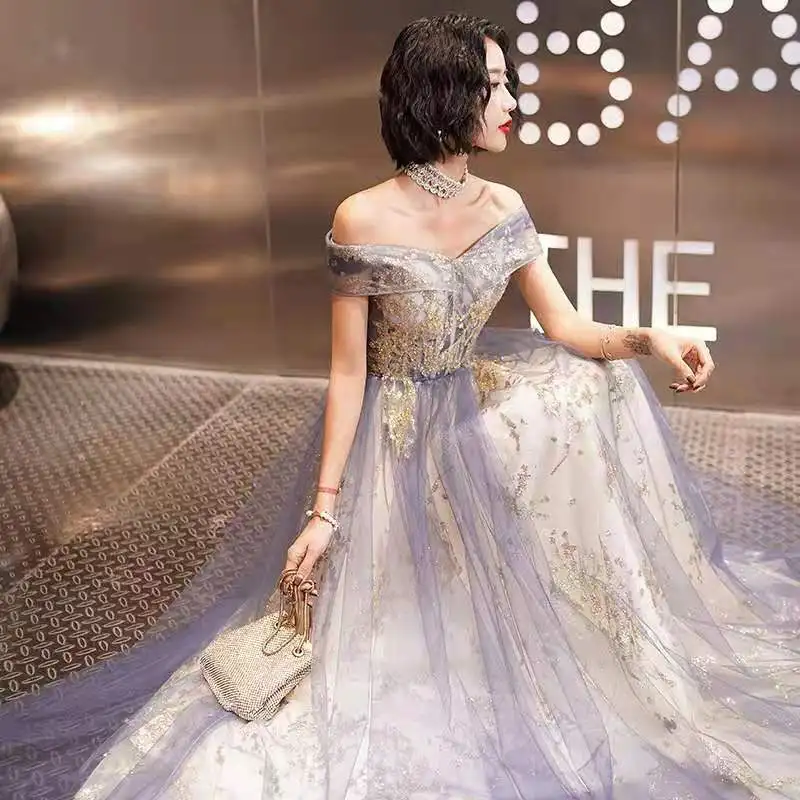 

High-end Texture One-shoulder Skirt Women Banquet Temperament Bridesmaid Host Evening Long Luxury Dresses A154