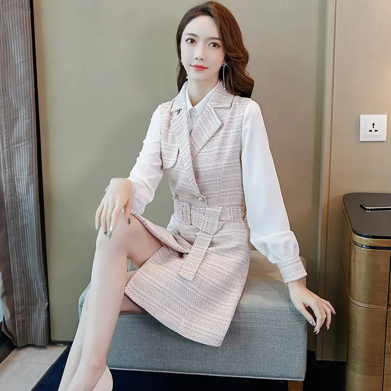 Женский твидовый костюм из двух предметов элегантное модельное платье мини без